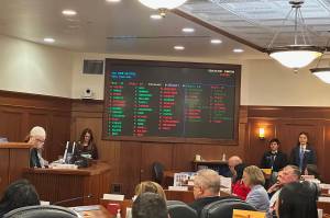 A vote board shows a veto override attempt Tuesday by the Alaska Legislature on a $1,000 increase to per-student education funding falling short of the necessary two-thirds majority with a 33-27 vote. (Mark Sabbatini / Juneau Empire file photo)