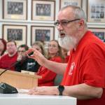 Brian Krauklis, a Sterling Elementary School teacher, speaks during a special meeting of the Kenai Peninsula Borough School District Board of Education in Soldotna, Alaska, on Wednesday, April 23, 2025. (Jake Dye/Peninsula Clarion)