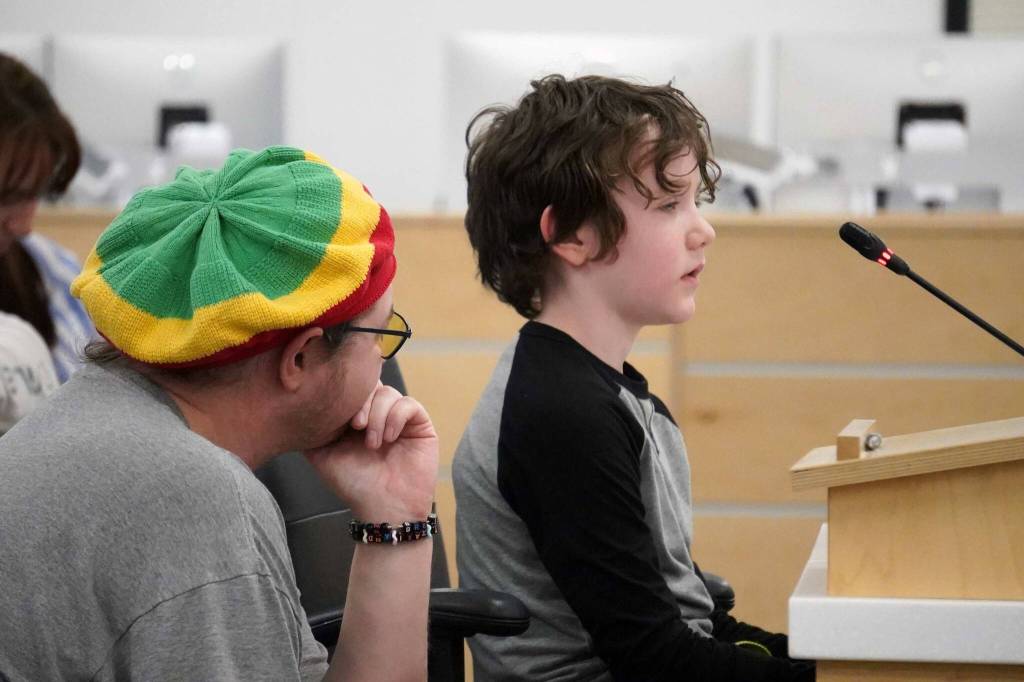 A young student of Sterling Elementary School speaks during a special meeting of the Kenai Peninsula Borough School District Board of Education in Soldotna, Alaska, on Wednesday, April 23, 2025. (Jake Dye/Peninsula Clarion)