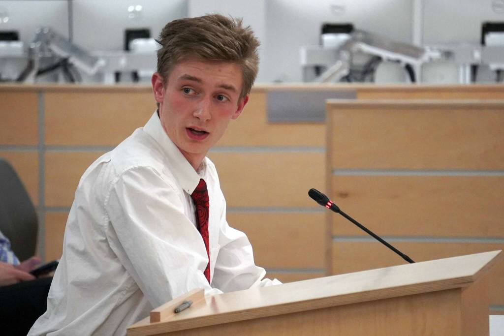 Noble Cassidy speaks during a special meeting of the Kenai Peninsula Borough School District Board of Education in Soldotna, Alaska, on Wednesday, April 23, 2025. (Jake Dye/Peninsula Clarion)