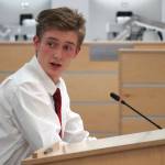 Noble Cassidy speaks during a special meeting of the Kenai Peninsula Borough School District Board of Education in Soldotna, Alaska, on Wednesday, April 23, 2025. (Jake Dye/Peninsula Clarion)