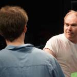 Jamie Nelson, right, and Tony Mika rehearse Picnic at the Kenai Performers Theater near Soldotna, Alaska, on Saturday, April 26, 2025. (Jake Dye/Peninsula Clarion)