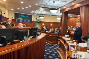 Senate Minority Leader Mike Shower (R-Wasilla), right, explains why he is changing his vote on a compromise education bill during the Wednesday, April 30, 2025, floor session at the Alaska State Capitol. (Mark Sabbatini/Juneau Empire)