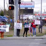 Students, parents and teachers protest the possible closure of Sterling Elementary School along the Sterling Highway in Soldotna, Alaska, on Saturday, May 3, 2025. (Jake Dye/Peninsula Clarion)