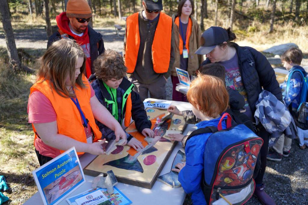 Students learn about salmon anatomy during Salmon Celebration, hosted by the Alaska Department of Fish and Game near Kasilof, Alaska, on Wednesday, May 7, 2025. (Jake Dye/Peninsula Clarion)