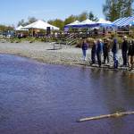 Hunter Heafer delivers a presentation on spey casting during A Day at the River at Centennial Park in Soldotna, Alaska, on Saturday, May 10, 2025. (Jake Dye/Peninsula Clarion)