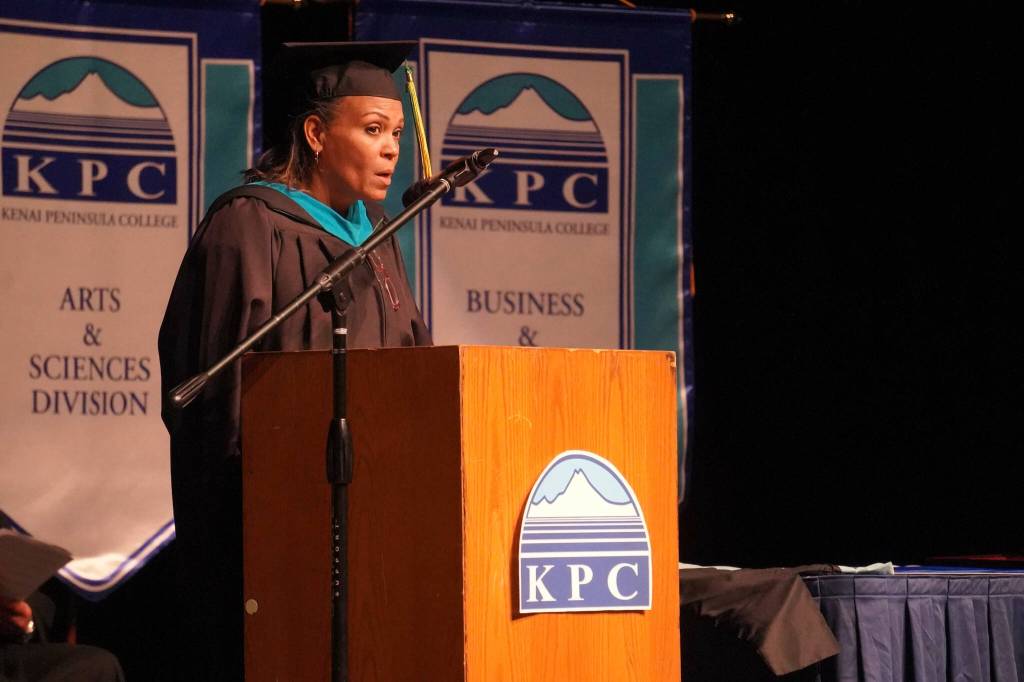University of Alaska Vice Chancellor Deanne Woodward speaks during the 55th Annual Kenai Peninsula College Commencement Ceremony, held at Kenai Central High School in Kenai, Alaska, on Thursday, May 8, 2025. (Jake Dye/Peninsula Clarion)