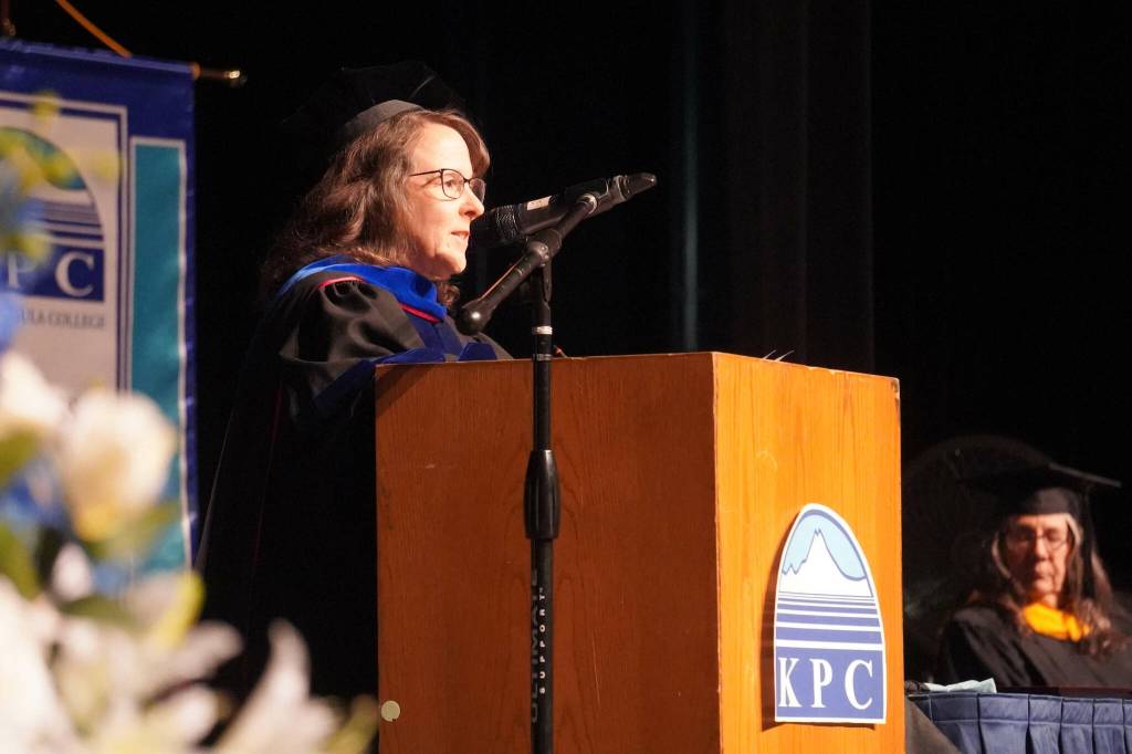 Director Cheryl Siemers speaks during the 55th Annual Kenai Peninsula College Commencement Ceremony, held at Kenai Central High School in Kenai, Alaska, on Thursday, May 8, 2025. (Jake Dye/Peninsula Clarion)