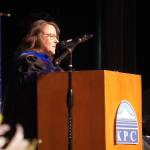 Director Cheryl Siemers speaks during the 55th Annual Kenai Peninsula College Commencement Ceremony, held at Kenai Central High School in Kenai, Alaska, on Thursday, May 8, 2025. (Jake Dye/Peninsula Clarion)