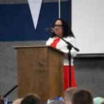 Instructor Tonya Scott speaks during the graduation ceremony at Cook Inlet Academy near Soldotna, Alaska, on Saturday, May 17, 2025. (Jake Dye/Peninsula Clarion)