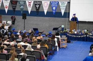 Graduate Paxton McKnight speaks during the graduation ceremony at Cook Inlet Academy near Soldotna, Alaska, on Saturday, May 17, 2025. (Jake Dye/Peninsula Clarion)