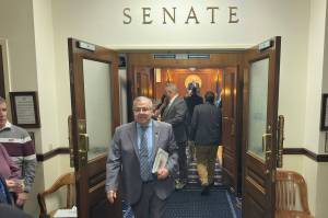 State Sen. Lyman Hoffman (D-Bethel) exits the Senate Chambers after the Senate on Tuesday, May 20, 2025, adjourns until next January. (Mark Sabbatini / Juneau Empire)