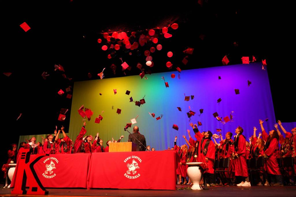 Graduates celebrate at the end of the Kenai Central High School commencement ceremony in Kenai, Alaska, on Tuesday, May 20, 2025. (Jake Dye/Peninsula Clarion)