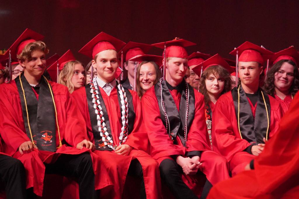 Students wait to receive their diplomas during the Kenai Central High School graduation ceremony in Kenai, Alaska, on Tuesday, May 20, 2025. (Jake Dye/Peninsula Clarion)