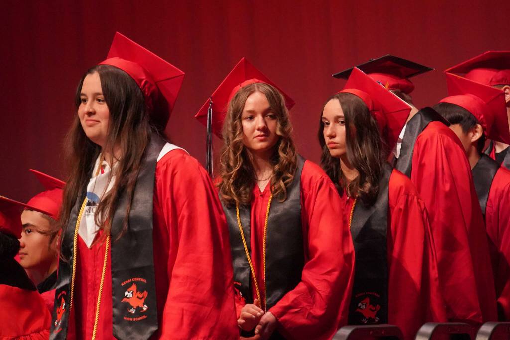 Students wait to receive their diplomas during the Kenai Central High School graduation ceremony in Kenai, Alaska, on Tuesday, May 20, 2025. (Jake Dye/Peninsula Clarion)