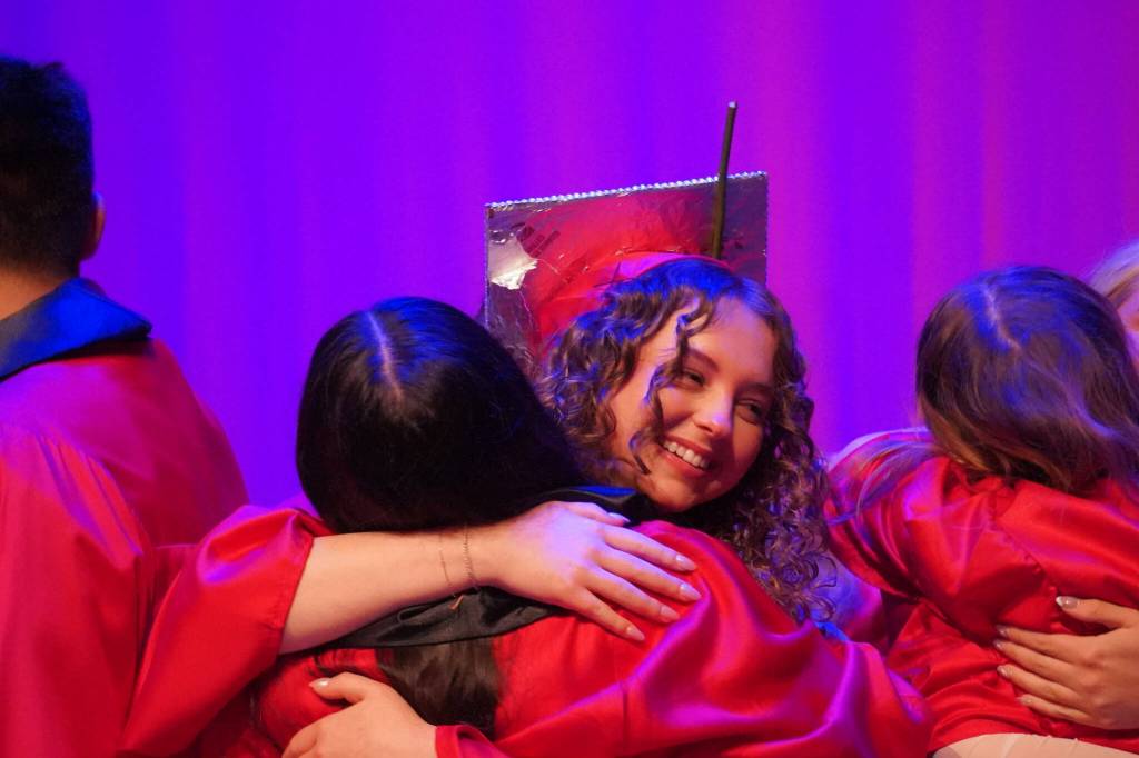 Graduates celebrate at the end of the Kenai Central High School commencement ceremony in Kenai, Alaska, on Tuesday, May 20, 2025. (Jake Dye/Peninsula Clarion)