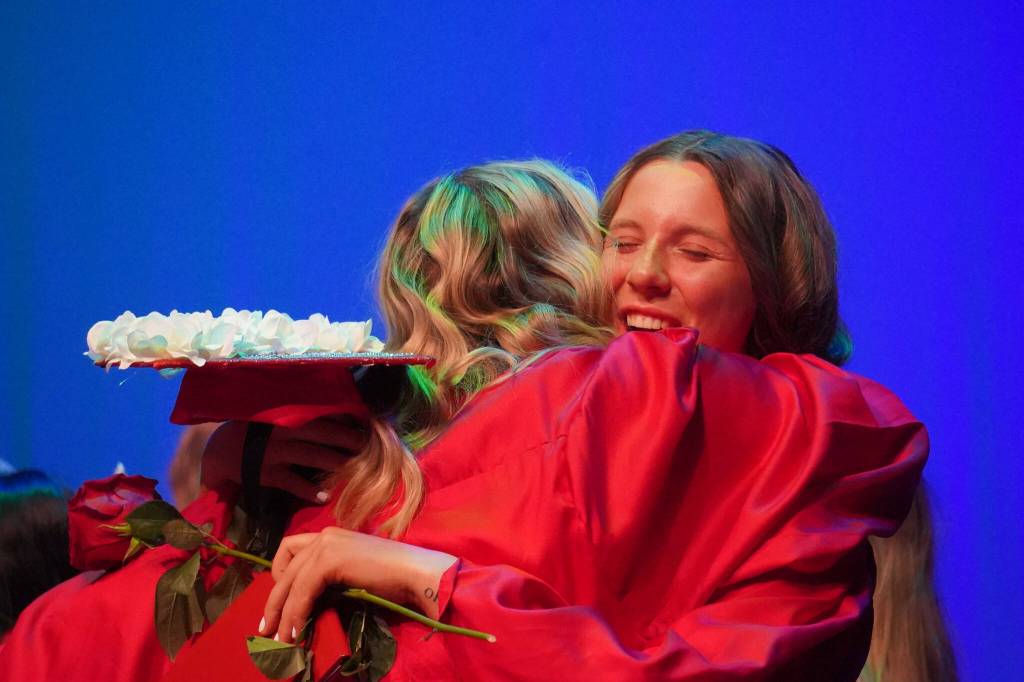 Graduates celebrate at the end of the Kenai Central High School commencement ceremony in Kenai, Alaska, on Tuesday, May 20, 2025. (Jake Dye/Peninsula Clarion)