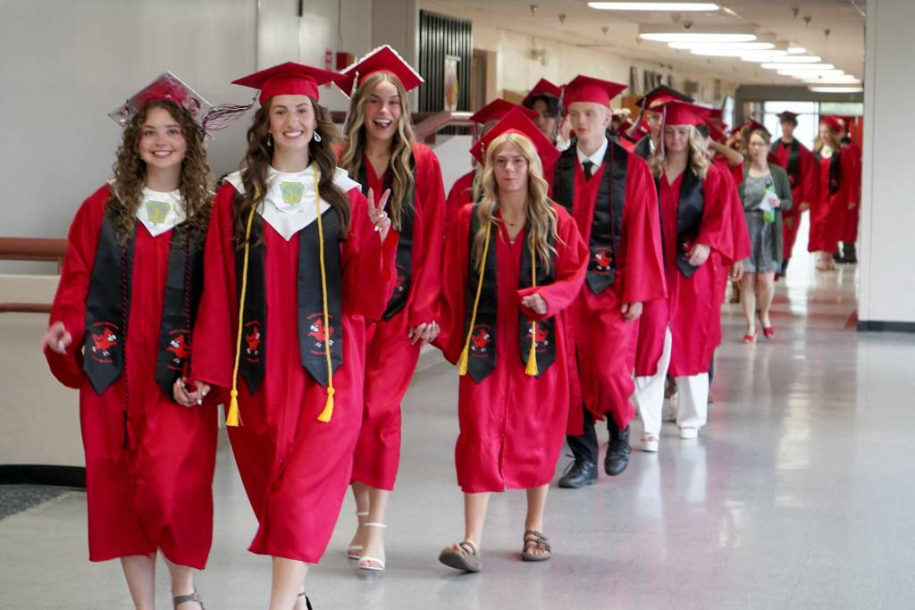 Students process into the Kenai Central High School graduation ceremony in Kenai, Alaska, on Tuesday, May 20, 2025. (Jake Dye/Peninsula Clarion)