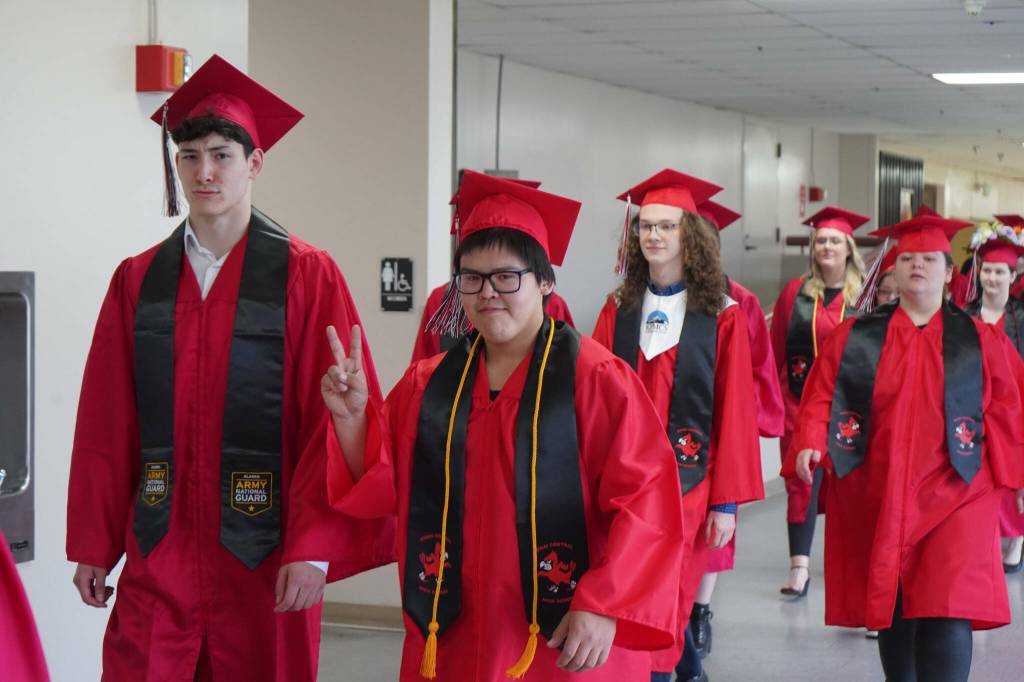 Students process into the Kenai Central High School graduation ceremony in Kenai, Alaska, on Tuesday, May 20, 2025. (Jake Dye/Peninsula Clarion)