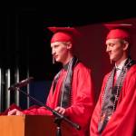 Valedictorians Oliver Boersma and Elliot Hanson speak during the Kenai Central High School graduation ceremony in Kenai, Alaska, on Tuesday, May 20, 2025. (Jake Dye/Peninsula Clarion)