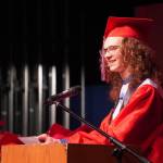 Gavin Hunt speaks during the Kenai Central High School graduation ceremony in Kenai, Alaska, on Tuesday, May 20, 2025. (Jake Dye/Peninsula Clarion)