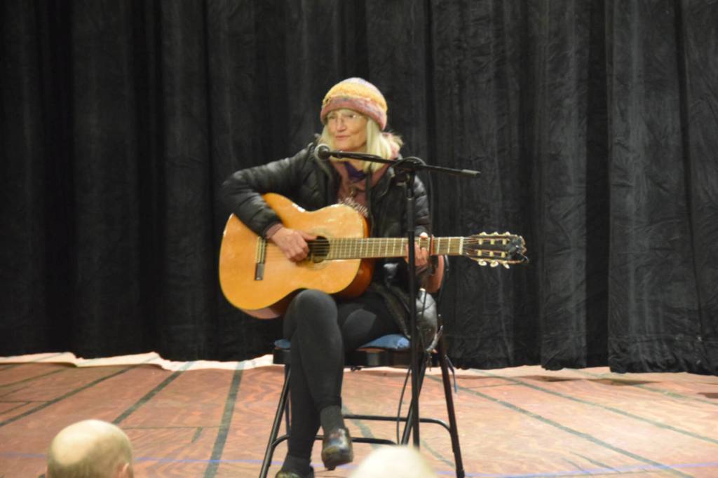 Sunrise Kilcher Sjoeberg performs a song during the 2025 Mary Epperson Day celebration on May 30 at Pier One Theatre on the Spit. (Chloe Pleznac/Homer News)
