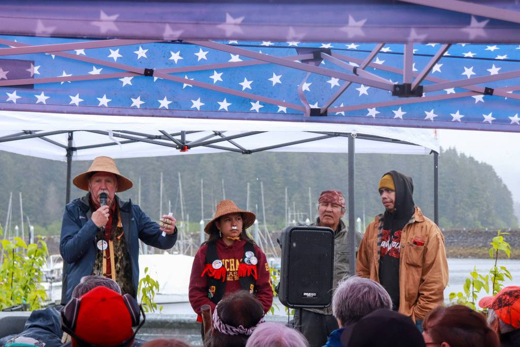 The four carvers of the Fishermans Honor Totem Pole from left to right: Gordon Greenwald, Cheyanne Jack, Herb Sheakley, and Louie White Jr. (Jasz Garrett / Juneau Empire)