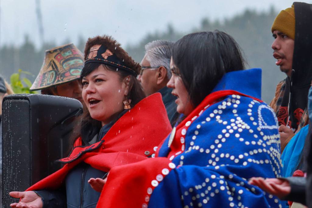 Amelia Wilson (left), vice mayor of Hoonah, dances at the ceremony on Friday, May 30, 2025. (Jasz Garrett / Juneau Empire)