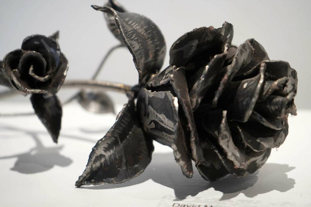 Metal art by David Morris is showcased in Steel Sentiments at the Kenai Art Center in Kenai, Alaska, on Wednesday, June 11, 2025. (Jake Dye/Peninsula Clarion)