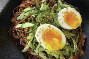 Bibim guksu or mixed noodles are traditionally served with a thin wheat flour noodle called somyeon (somen). (Photo by Tressa Dale/Peninsula Clarion)