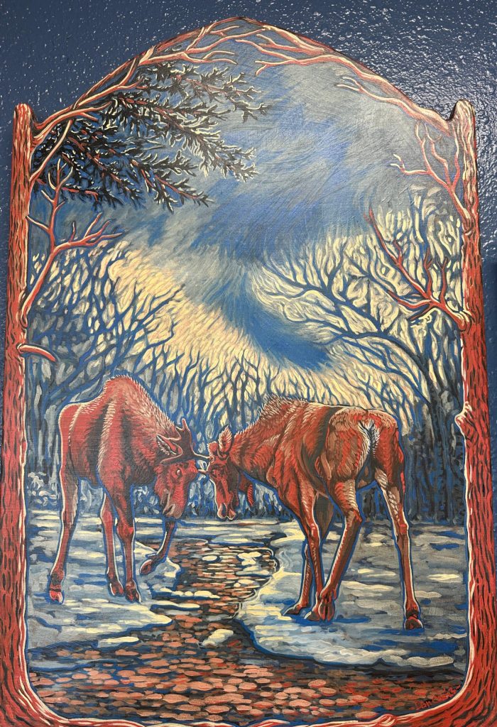 Sparring Moose is a 2023 acrylic painting on wood by Dan Coe on display through June 2025 at the Art Shop Gallery in Homer, Alaska. Photo by Christina Whiting