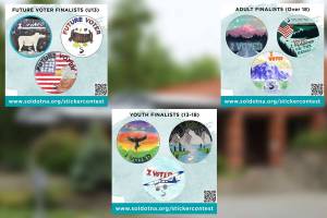 Graphics show the nine finalists in three age groups for the Soldotna I Voted sticker design contest. (Provided by City of Soldotna)