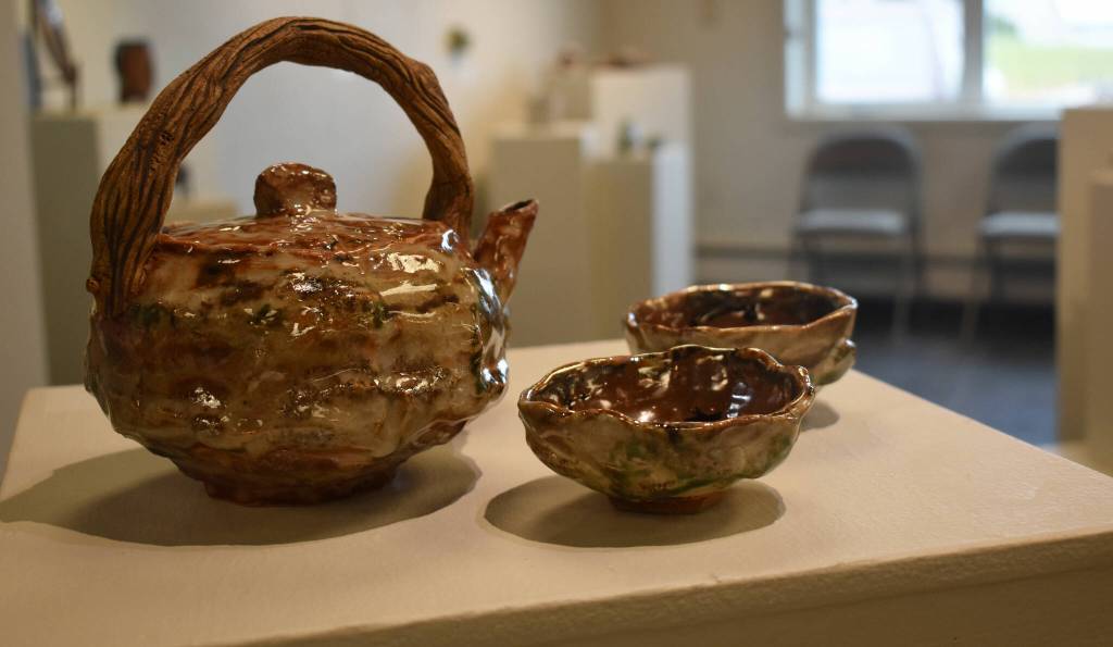A clay tea set on display at the Kenai Potters Guild Exhibit hosted by the Kenai Art Center. (Jonas Oyoumick/Peninsula Clarion)