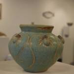 A clay pot is on display during the Kenai Potters Guild exhibit, River, hosted by the Kenai Art Center. (Jonas Oyoumick/Peninsula Clarion)