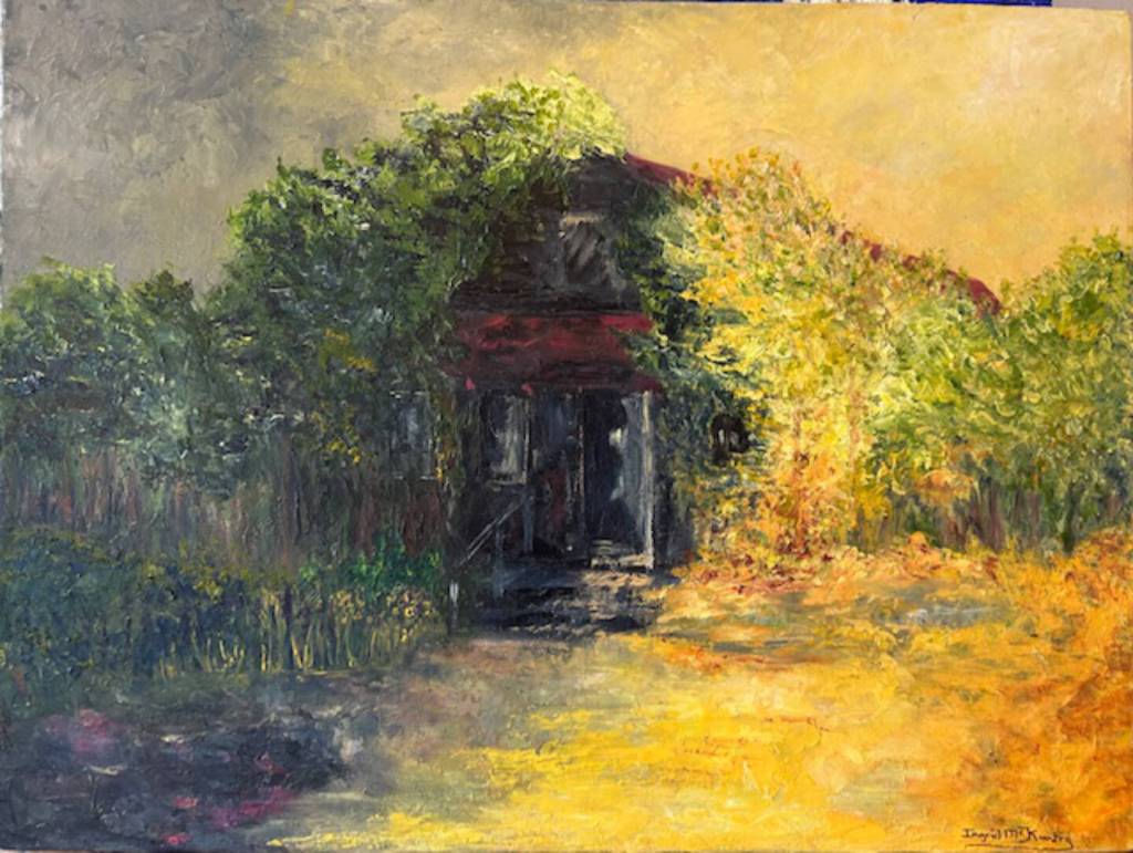 Overgrown Silence is a painting created by Ingrid McKinstry, using water-based oil paint mixed with molding paste, on display in her exhibit at Fireweed Gallery. Photo provided by Ingrid McKinstry