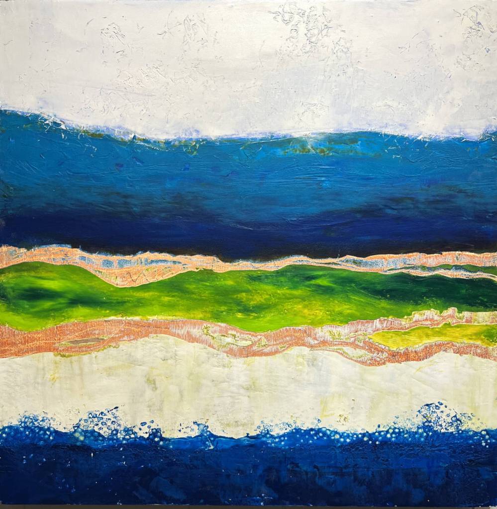 Coastal Influence is an oil and cold wax painting by Michelle Michaud on display through September in her exhibit at the South Peninsula Hospital gallery. Photo provided by Homer Council on the Arts