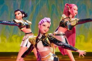 Rumi, Zoey and Mira, of Huntr/x, perform in KPop Demon Hunters. (Promotional photo courtesy Sony Pictures Animation)