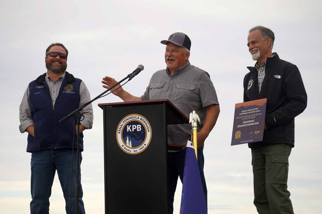 George Derkevorkian speaks after receiving the Outstanding Individual in Oil and Gas Award during the 2025 Industry Appreciation Day at the Kenai Softball Greenstrip in Kenai, Alaska, on Saturday, Aug. 23, 2025. (Jake Dye/Peninsula Clarion)