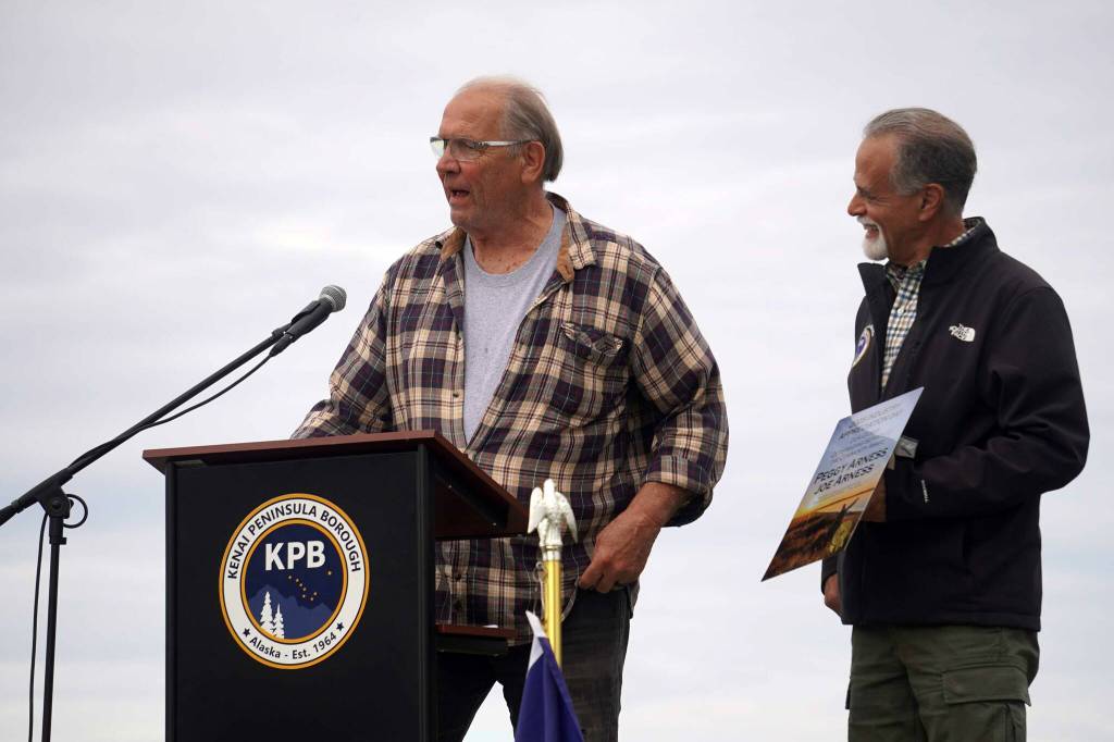 Joe Arness speaks after being named the recipient of the Don Gilman Outstanding Service to the Community Award alongside his mother Peggy, who could not attend, during the 2025 Industry Appreciation Day at the Kenai Softball Greenstrip in Kenai, Alaska, on Saturday, Aug. 23, 2025. (Jake Dye/Peninsula Clarion)