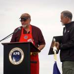 Teague Vanek speaks after receiving the Outstanding Individual in Commercial Fishing Award during the 2025 Industry Appreciation Day at the Kenai Softball Greenstrip in Kenai, Alaska, on Saturday, Aug. 23, 2025. (Jake Dye/Peninsula Clarion)