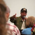 Al Strong answers audience questions during a jazz workshop put on by Svetlana and the New York Collective at the Soldotna Public Library in Soldotna, Alaska, on Tuesday, Aug. 26, 2025. (Provided by KDLL 91.9 FM)