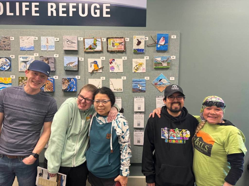 Artists in the Homer Independent Living Centers Artability program are photographed with their artwork on display at the Alaska Maritime National Wildlife Refuge during the 2025 Shorebird Festival in Homer, Alaska. Photo provided by the Independent Living Center