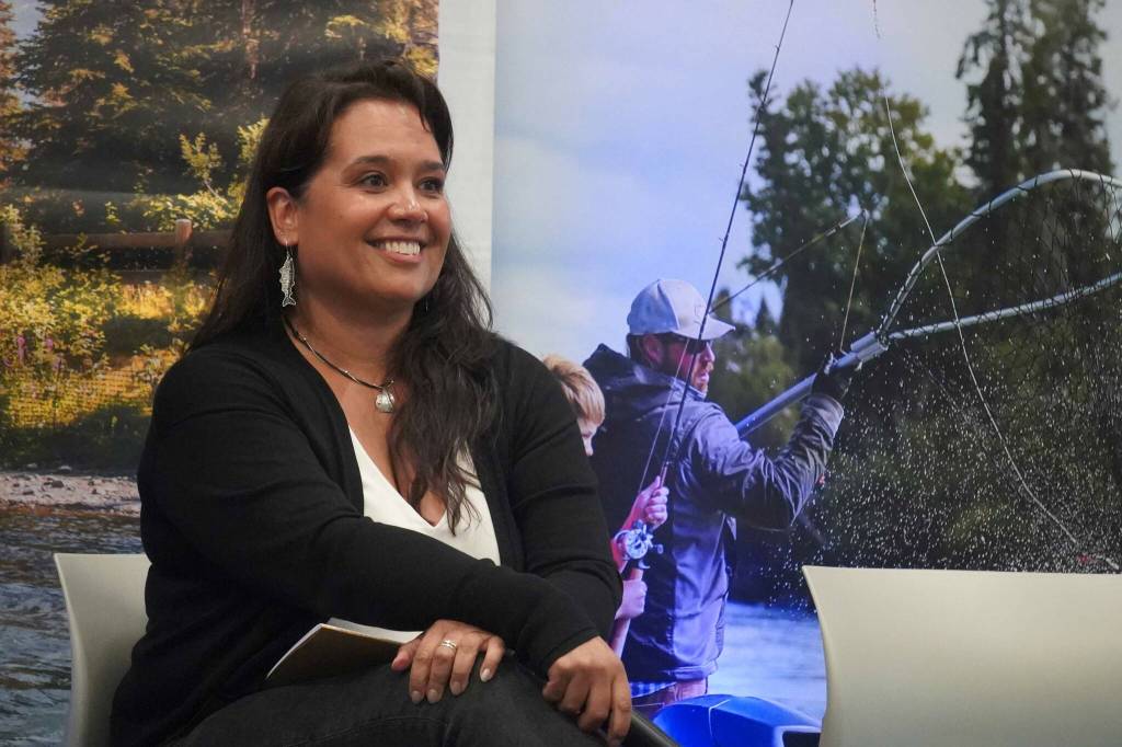 Alaska Board of Fisheries Chair Märit Carlson-Van Dort participates in a panel on Alaska king salmon legislation and regulation during the Kenai Classic Roundtable hosted by the Kenai River Sportfishing Association at the Soldotna Field House on Aug. 20, 2025, in Soldotna, Alaska. (Jake Dye/Peninsula Clarion)
