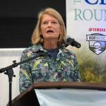 U.S. Sen. Lisa Murkowski speaks during the Kenai Classic Roundtable hosted by the Kenai River Sportfishing Association at the Soldotna Field House on Aug. 20, 2025, in Soldotna, Alaska. (Jake Dye/Peninsula Clarion)