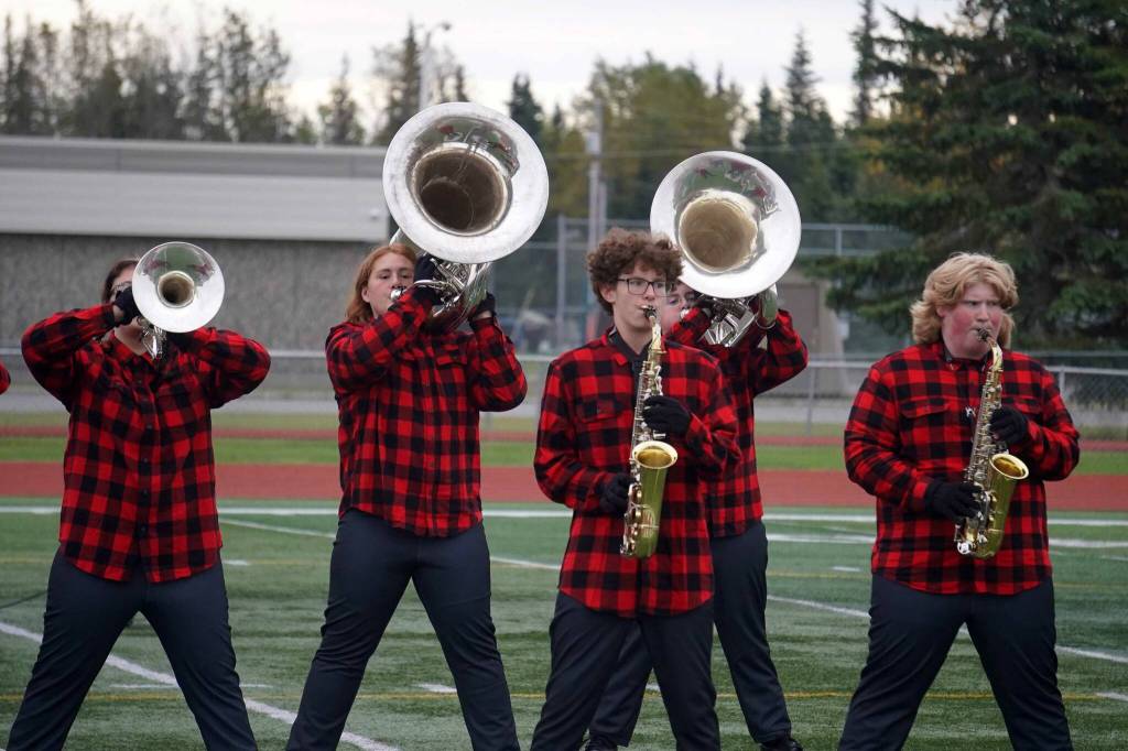 The Kenai Marching Band performs during the Second Annual Kenai Marching Showcase at Kenai Central High School in Kenai, Alaska. (Jake Dye/Peninsula Clarion)