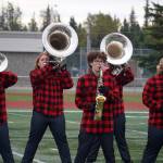 The Kenai Marching Band performs during the Second Annual Kenai Marching Showcase at Kenai Central High School in Kenai, Alaska. (Jake Dye/Peninsula Clarion)