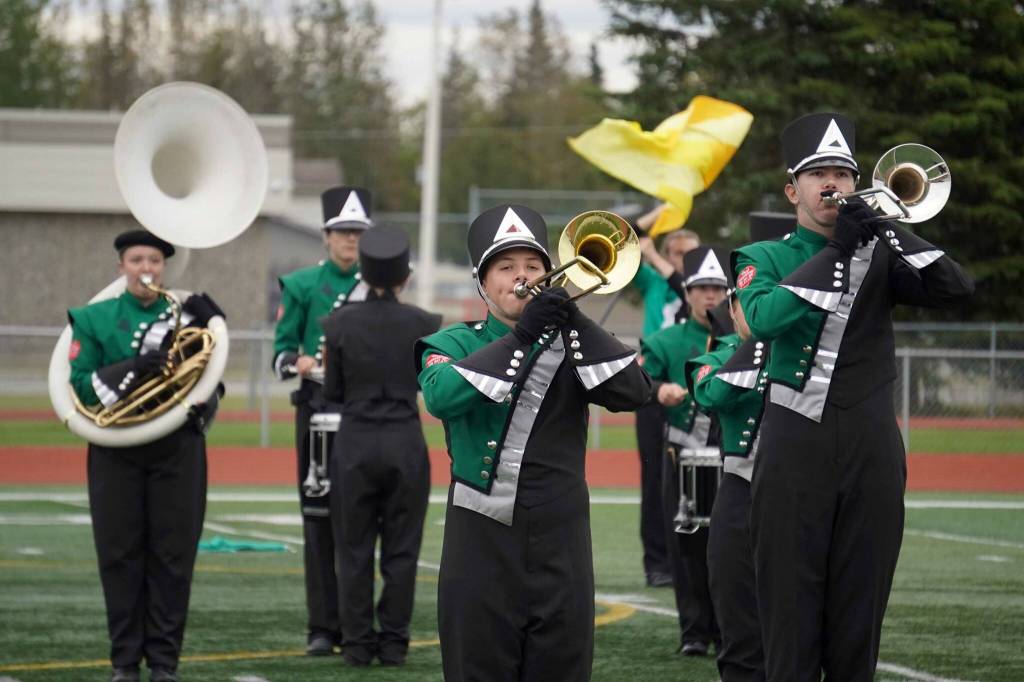 The Colony High School Marching Band performs during the Second Annual Kenai Marching Showcase at Kenai Central High School in Kenai, Alaska. (Jake Dye/Peninsula Clarion)