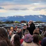 Mavis Muller addresses the gathered crowd on Sunday, Sept. 7, at Mariner Park in Homer, Alaska. (Photo by Tara Hueper)