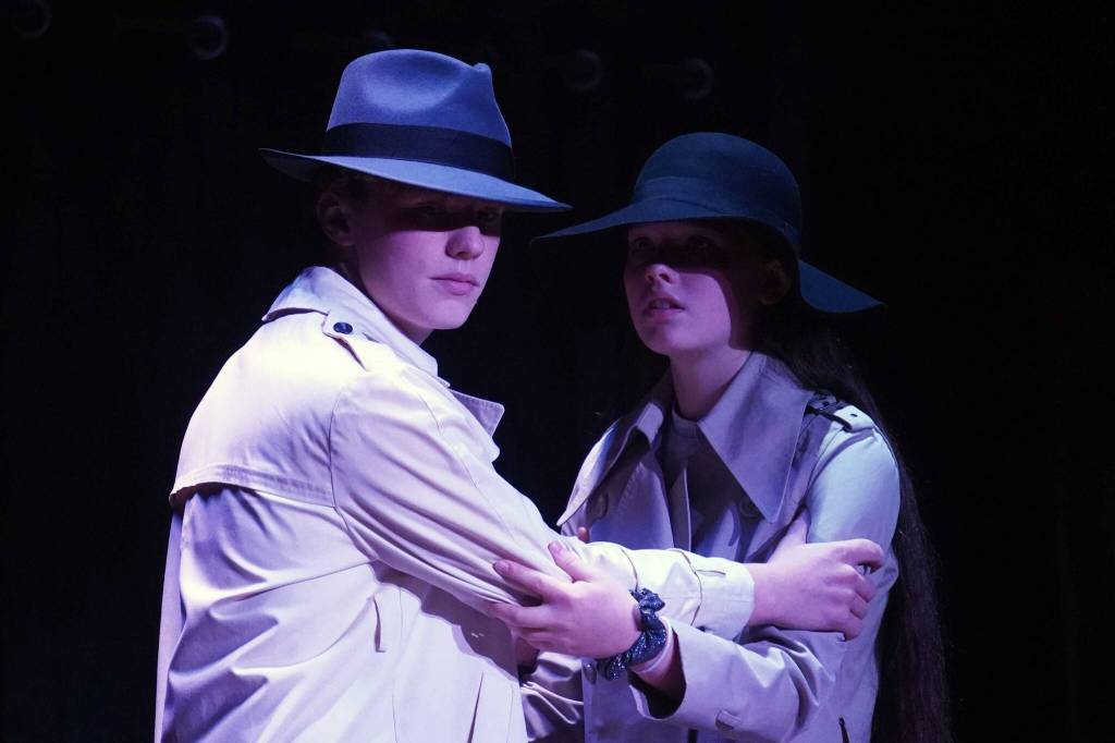 Gage Sturman and Ella Mallard rehearse The Girl Next Door at Triumvirate Theatre in Kenai, Alaska, on Saturday, Sept. 13, 2025. (Jake Dye/Peninsula Clarion)