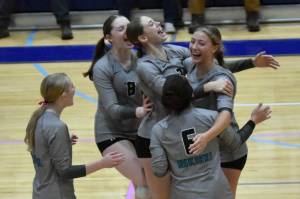 Nikiski celebrates a win against Soldotna on Tuesday, Sept. 16, 2025, at Soldotna High School in Soldotna, Alaska. (Photo by Jeff Helminiak/Peninsula Clarion)
